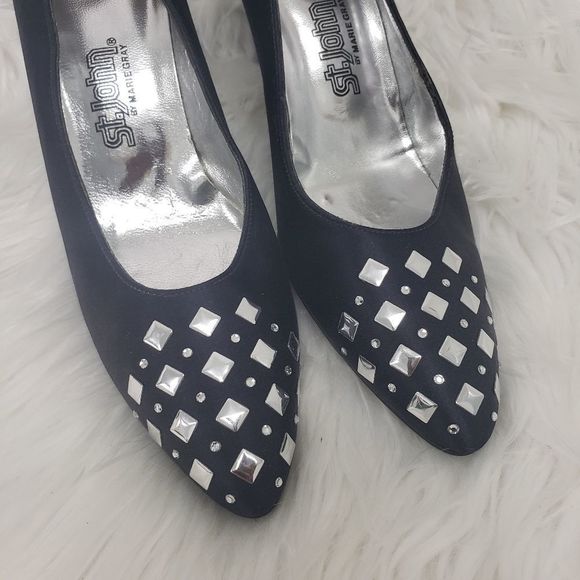 Vintage St. John Studded Bling Pointy Toe Satiny Heels Size 8.5 AAA - Picture 3 of 10